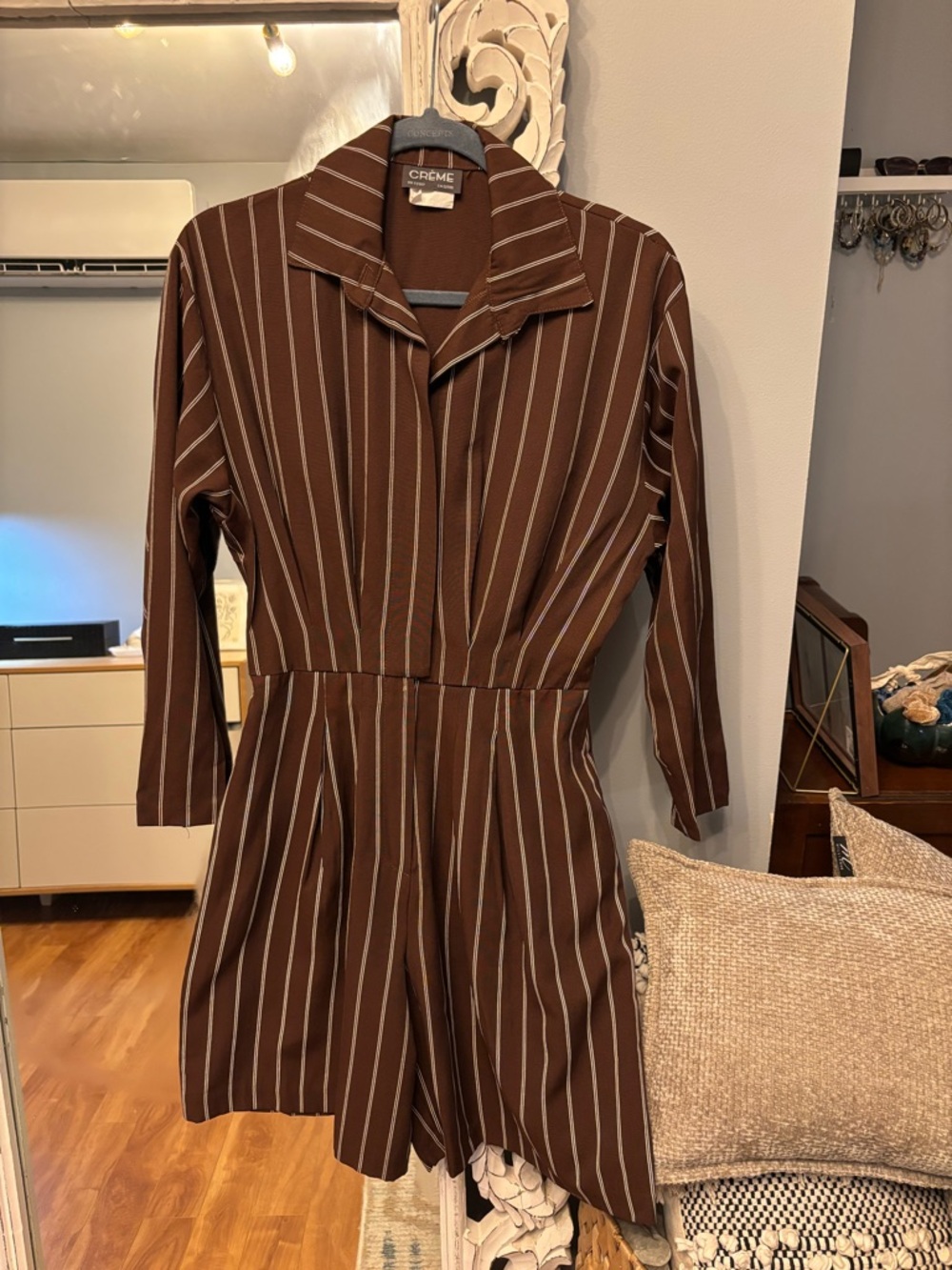 Vintage Crème Brown Striped Collared Jumpsuit